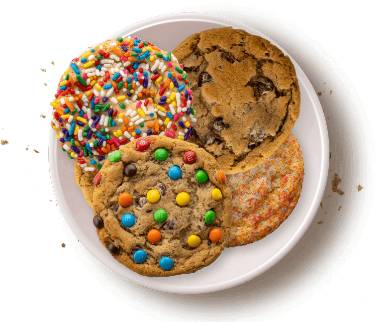 Picture of Assorted Cookies on bowl including Original Chocolate Chip, Birthday Cake, Sugar, and M&M Cookies